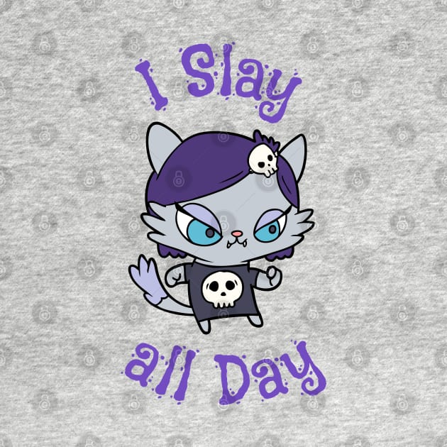 I Slay All Day Cute Goth Kitten with Skull Shirt by OrionLodubyal